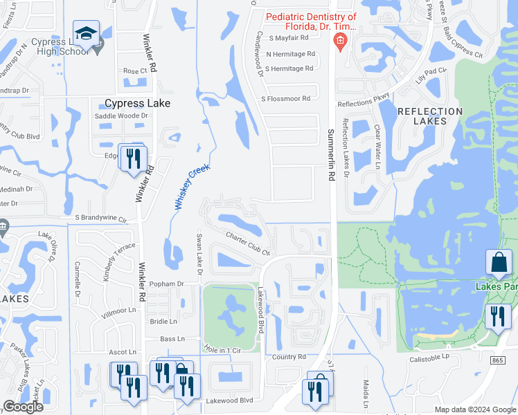 map of restaurants, bars, coffee shops, grocery stores, and more near 8366 Charter Club Circle in Fort Myers