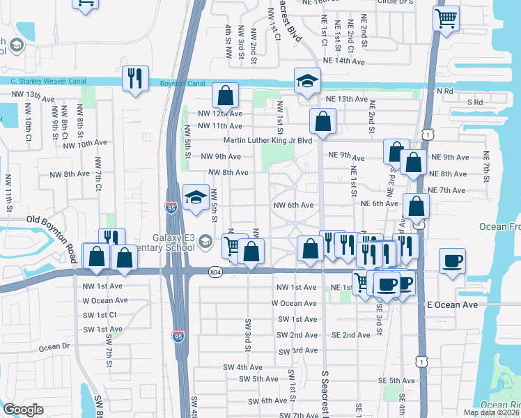map of restaurants, bars, coffee shops, grocery stores, and more near 401 Northwest 5th Avenue in Boynton Beach
