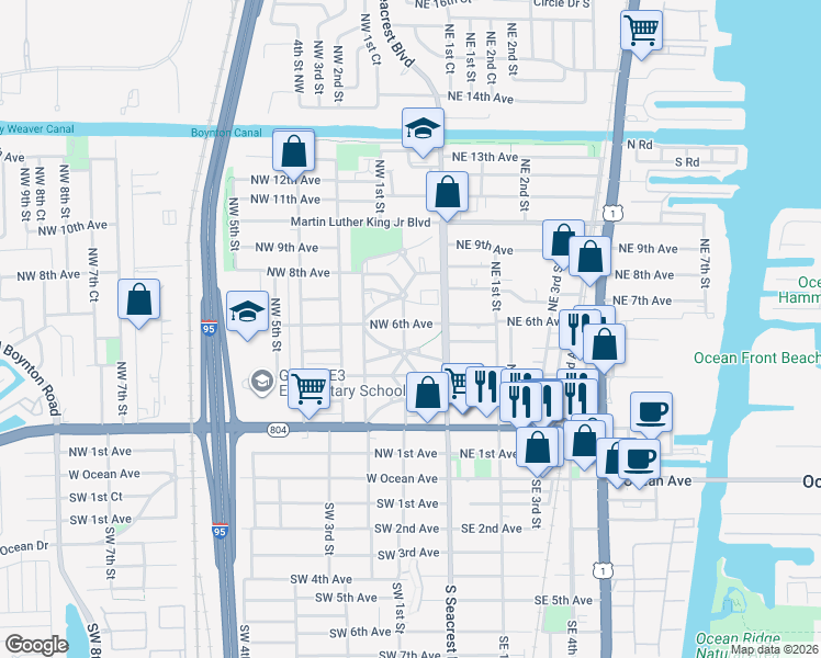 map of restaurants, bars, coffee shops, grocery stores, and more near 612 Northwest 1st Street in Boynton Beach