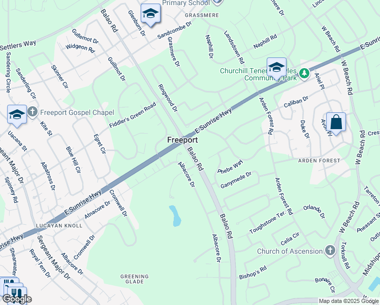 map of restaurants, bars, coffee shops, grocery stores, and more near Balao Road in Freeport