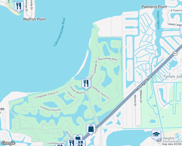 map of restaurants, bars, coffee shops, grocery stores, and more near 14490 Vista River Drive in Fort Myers