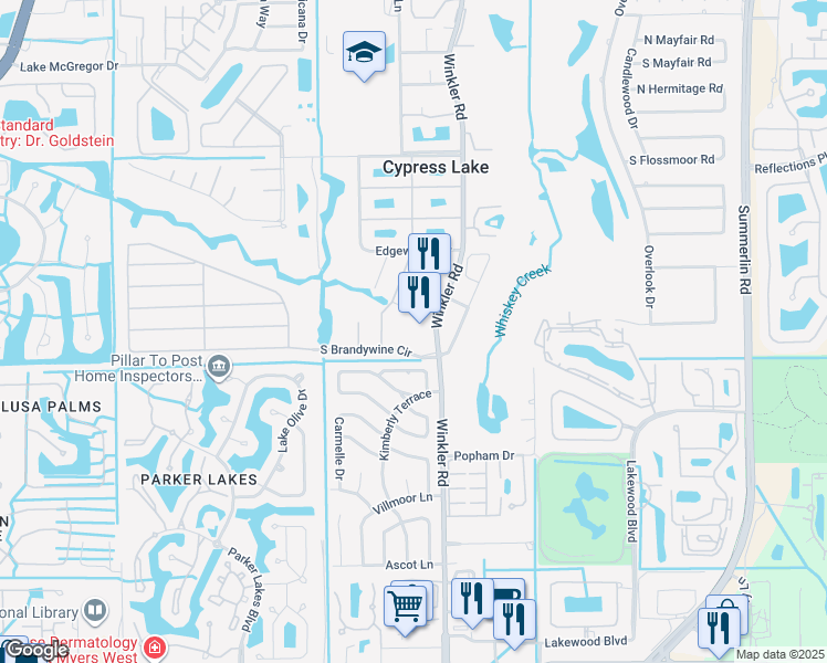 map of restaurants, bars, coffee shops, grocery stores, and more near 1499 South Brandywine Circle in Fort Myers