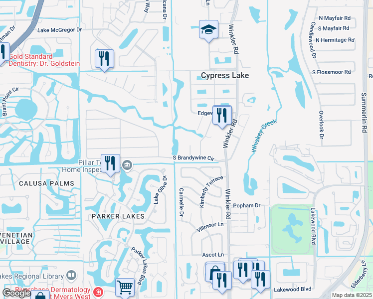 map of restaurants, bars, coffee shops, grocery stores, and more near 1424 South Brandywine Circle in Fort Myers