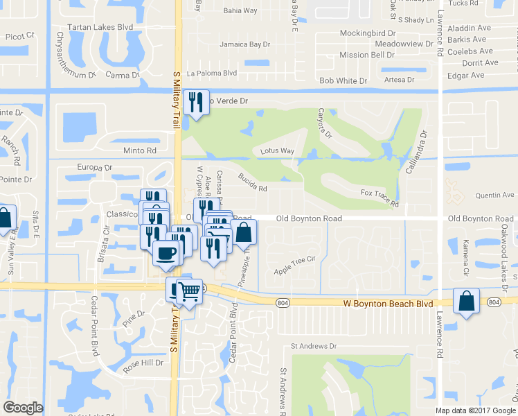 map of restaurants, bars, coffee shops, grocery stores, and more near 9696 Plumeria Way in Boynton Beach