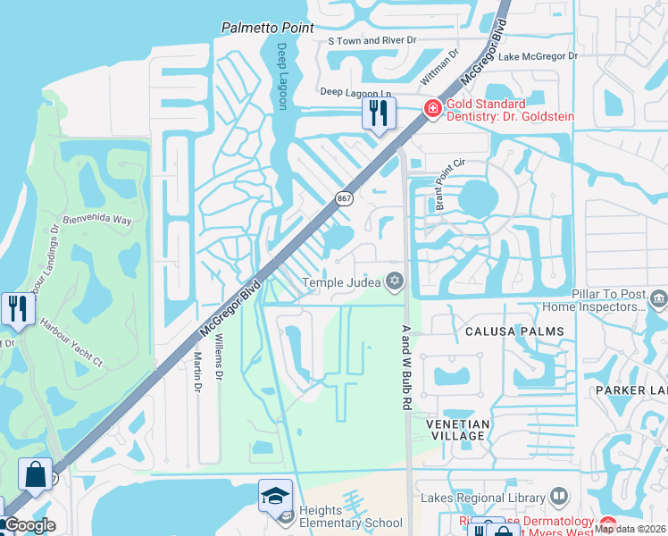 map of restaurants, bars, coffee shops, grocery stores, and more near 10414 Santiva Way in Fort Myers