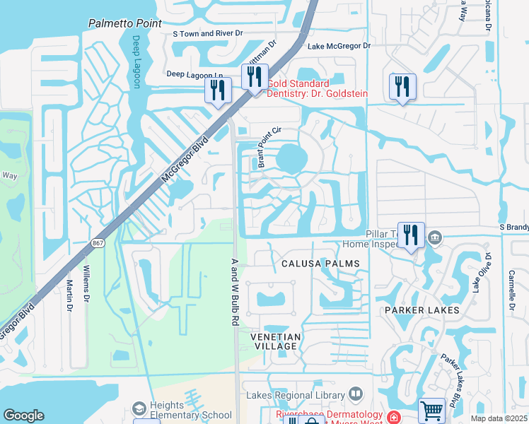 map of restaurants, bars, coffee shops, grocery stores, and more near 14294 Prim Point Lane in Fort Myers