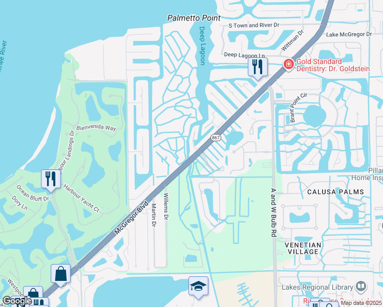 map of restaurants, bars, coffee shops, grocery stores, and more near 14370 McGregor Boulevard in Fort Myers
