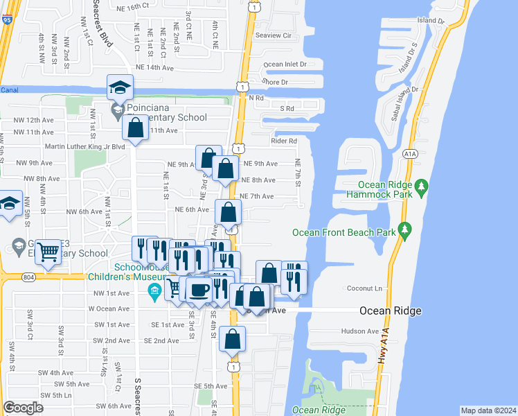 map of restaurants, bars, coffee shops, grocery stores, and more near 651 Northeast 6th Avenue in Boynton Beach