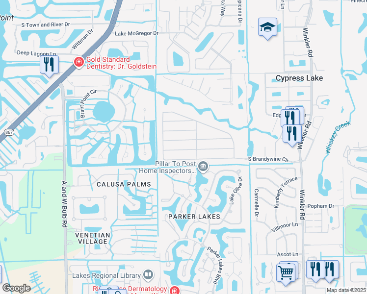 map of restaurants, bars, coffee shops, grocery stores, and more near 1279 South Brandywine Circle in Fort Myers