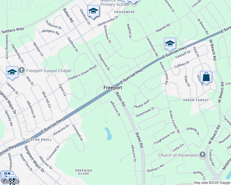 map of restaurants, bars, coffee shops, grocery stores, and more near Balao Road in Freeport