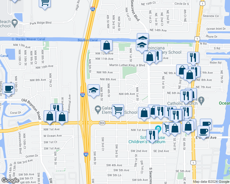 map of restaurants, bars, coffee shops, grocery stores, and more near 415 Northwest 6th Avenue in Boynton Beach