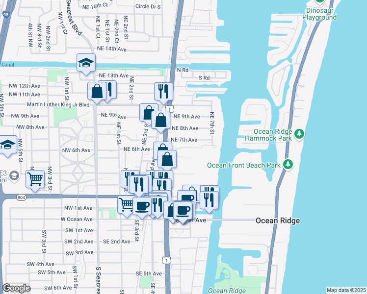 map of restaurants, bars, coffee shops, grocery stores, and more near 639 Northeast 7th Avenue in Boynton Beach