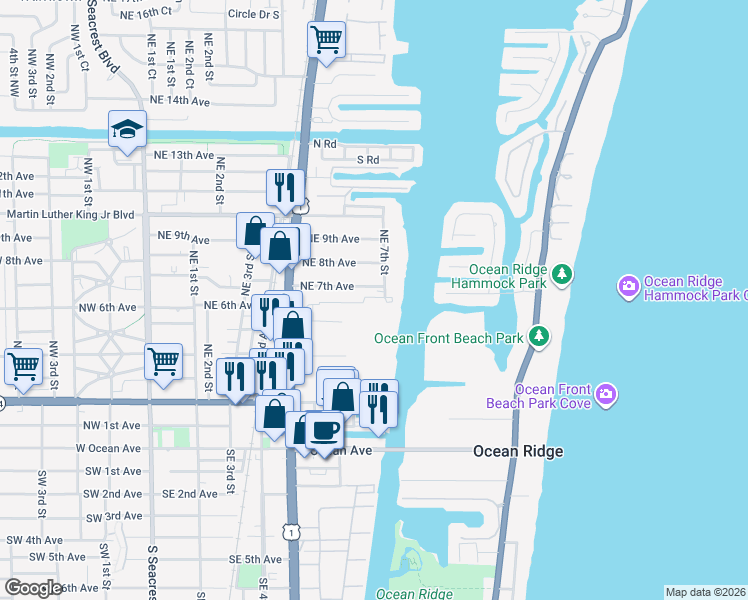 map of restaurants, bars, coffee shops, grocery stores, and more near 710 Northeast 7th Street in Boynton Beach