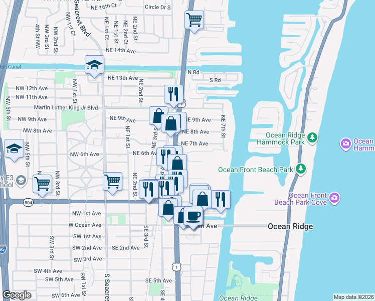 map of restaurants, bars, coffee shops, grocery stores, and more near 639 Northeast 7th Avenue in Boynton Beach