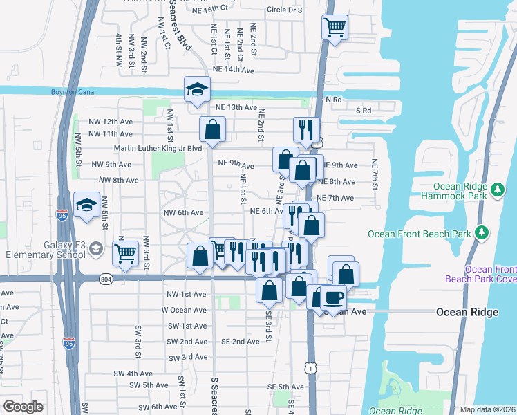 map of restaurants, bars, coffee shops, grocery stores, and more near 225 Northeast 6th Avenue in Boynton Beach