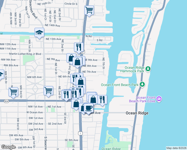 map of restaurants, bars, coffee shops, grocery stores, and more near 639 Northeast 7th Avenue in Boynton Beach
