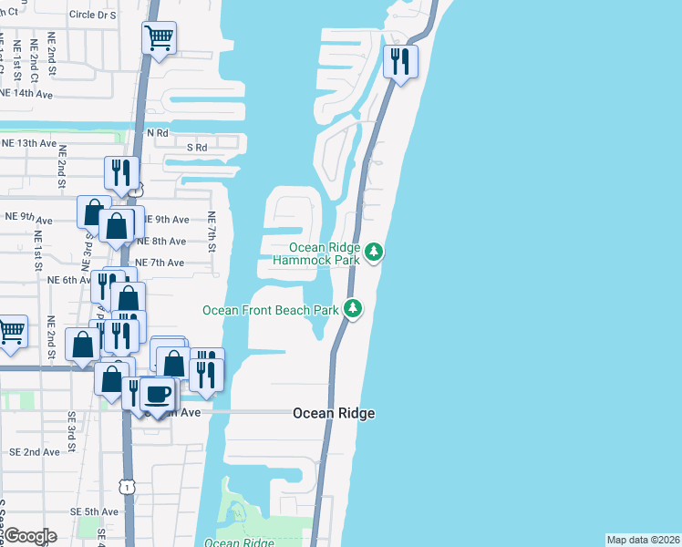 map of restaurants, bars, coffee shops, grocery stores, and more near 6590 North Ocean Boulevard in Ocean Ridge