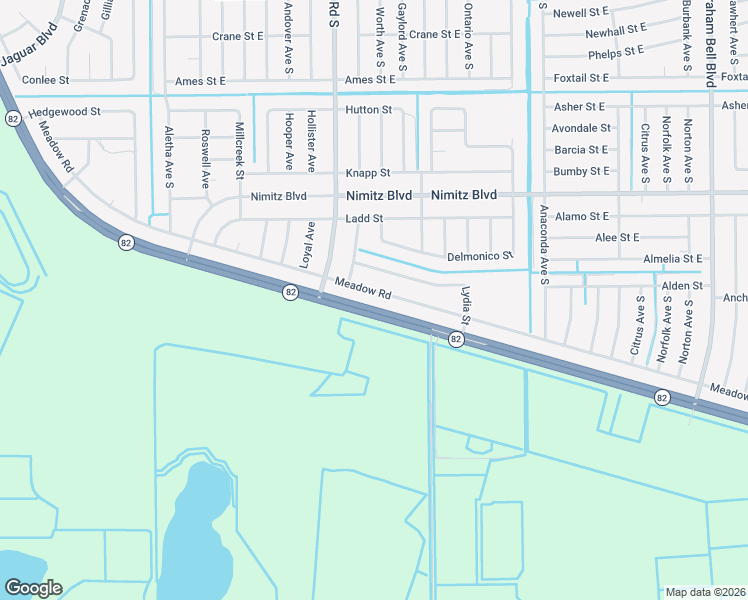 map of restaurants, bars, coffee shops, grocery stores, and more near 2719 Meadow Road in Lehigh Acres