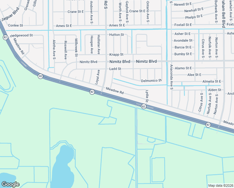 map of restaurants, bars, coffee shops, grocery stores, and more near 2719 Meadow Road in Lehigh Acres