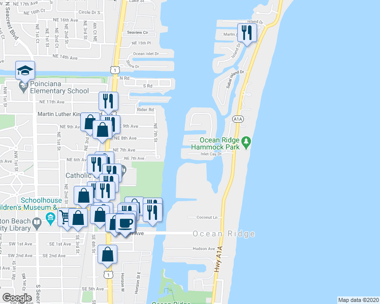 map of restaurants, bars, coffee shops, grocery stores, and more near 11 Inlet Cay Drive in Ocean Ridge