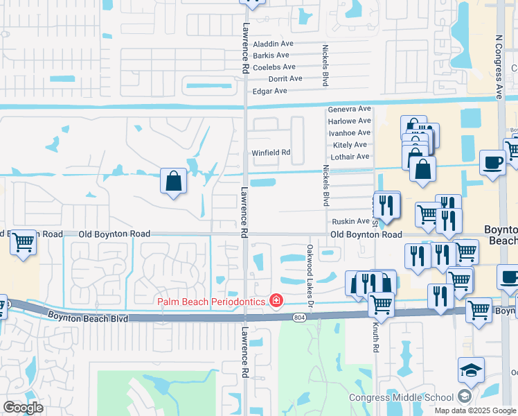 map of restaurants, bars, coffee shops, grocery stores, and more near 9600 Lawrence Road in Boynton Beach