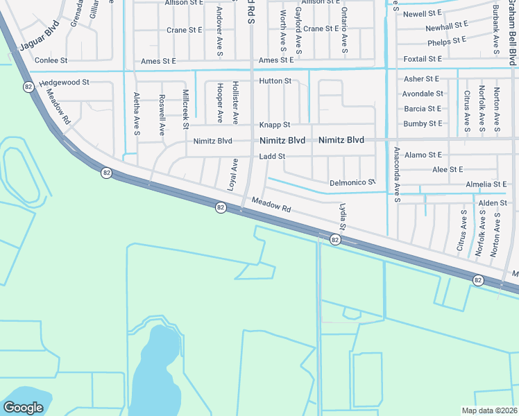 map of restaurants, bars, coffee shops, grocery stores, and more near 2719 Meadow Road in Lehigh Acres