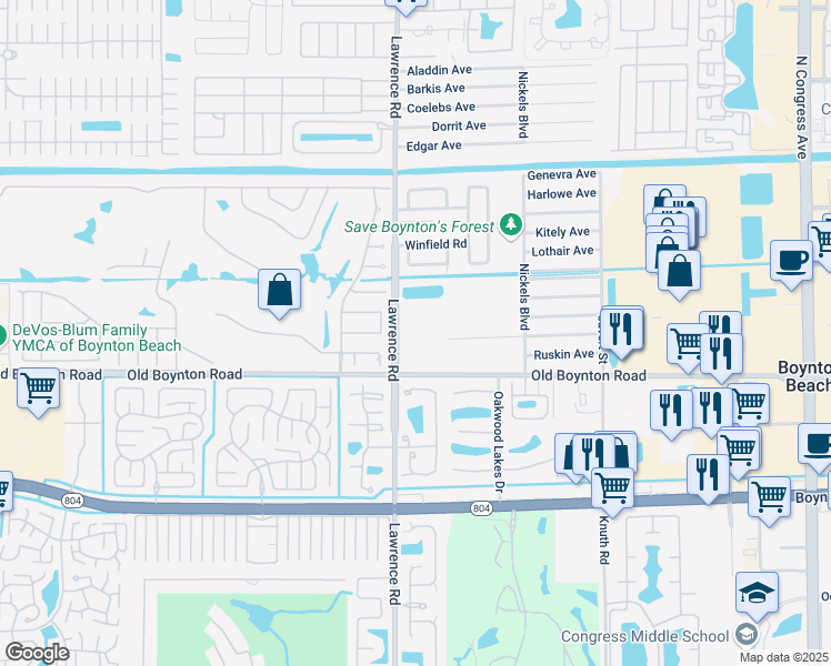 map of restaurants, bars, coffee shops, grocery stores, and more near 9600 Lawrence Rd in Boynton Beach
