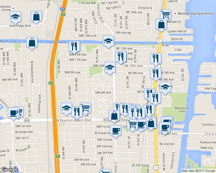 map of restaurants, bars, coffee shops, grocery stores, and more near Ocean Breeze Circle in Boynton Beach