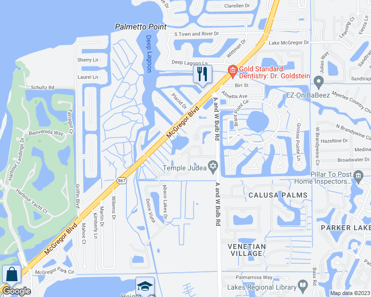 map of restaurants, bars, coffee shops, grocery stores, and more near 14360 Hampton Lake Court in Fort Myers