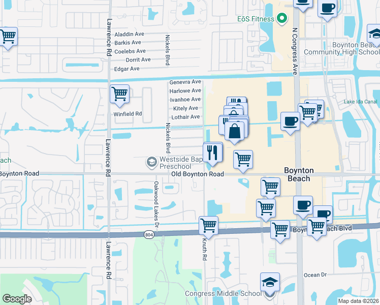 map of restaurants, bars, coffee shops, grocery stores, and more near 3575 Quentin Avenue in Boynton Beach