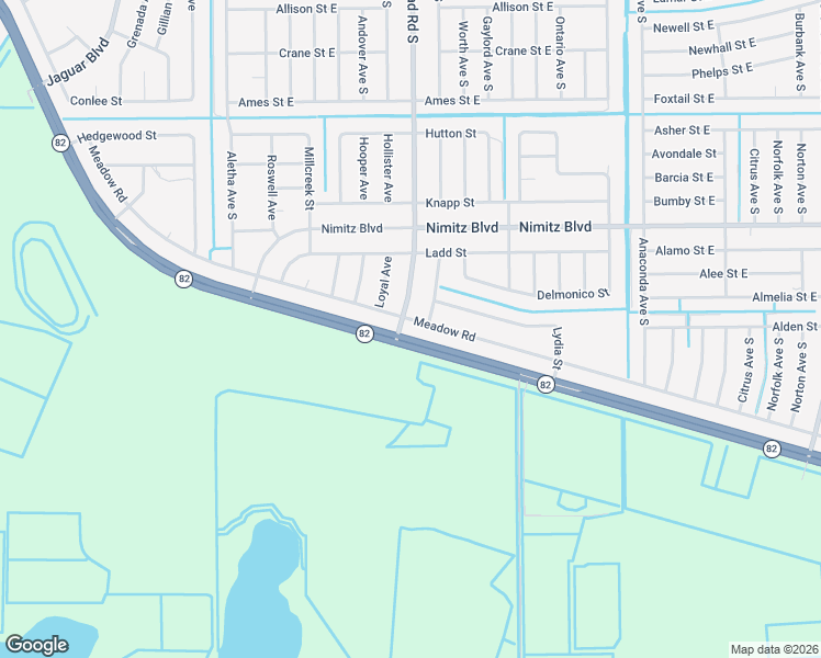 map of restaurants, bars, coffee shops, grocery stores, and more near 2700 Meadow Road in Lehigh Acres
