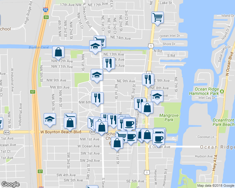 map of restaurants, bars, coffee shops, grocery stores, and more near 734 Northeast 1st Street in Boynton Beach