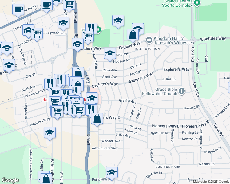 map of restaurants, bars, coffee shops, grocery stores, and more near Amundsen Lane in Freeport