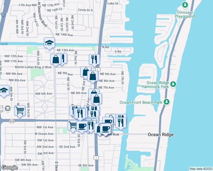 map of restaurants, bars, coffee shops, grocery stores, and more near 639 Northeast 7th Avenue in Boynton Beach