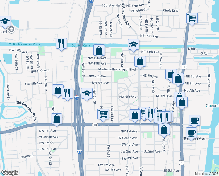map of restaurants, bars, coffee shops, grocery stores, and more near 807 Northwest 3rd Street in Boynton Beach