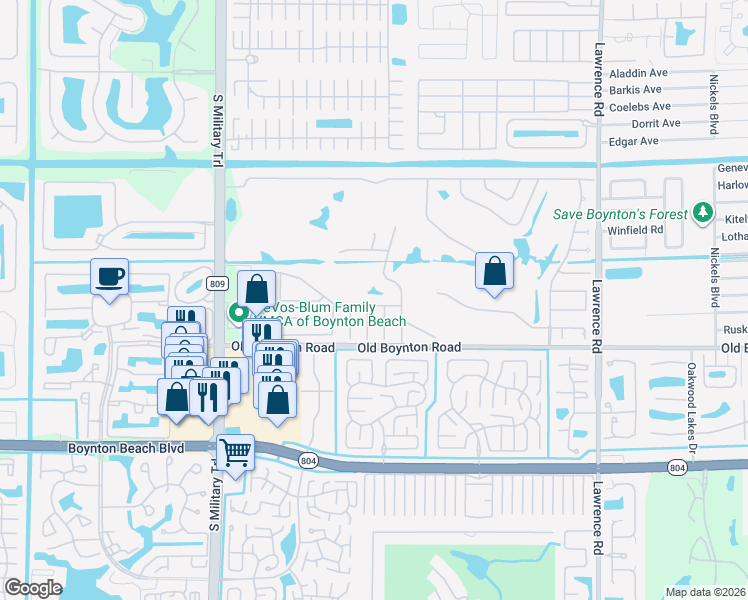 map of restaurants, bars, coffee shops, grocery stores, and more near 4611 Bucida Road in Boynton Beach