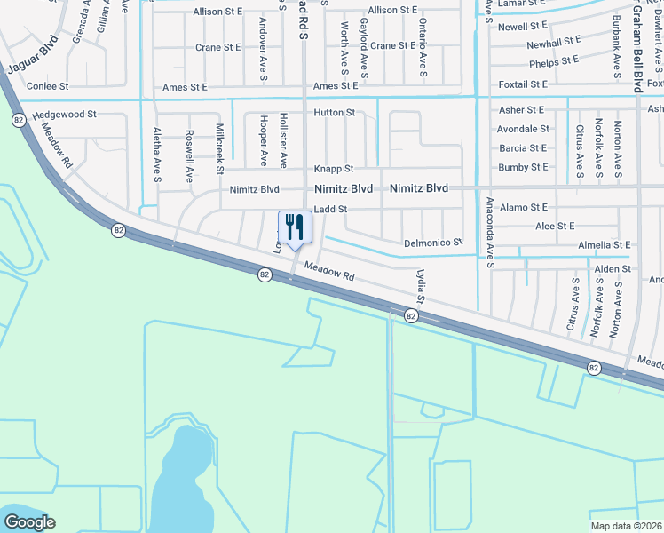 map of restaurants, bars, coffee shops, grocery stores, and more near 2719 Meadow Road in Lehigh Acres