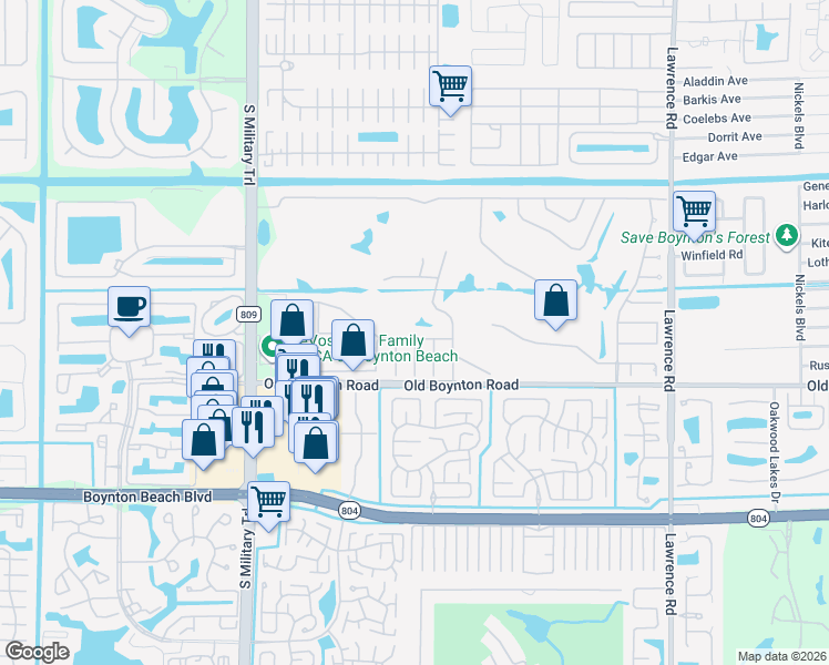 map of restaurants, bars, coffee shops, grocery stores, and more near 4611 Bucida Road in Boynton Beach