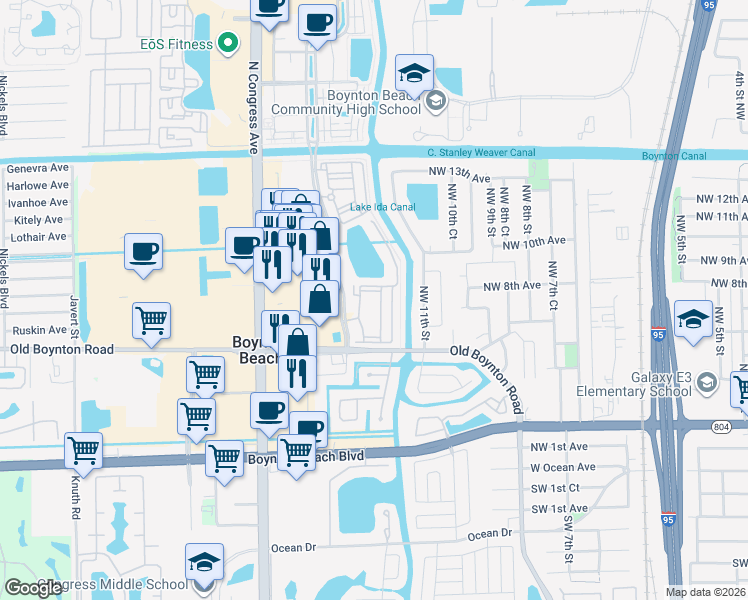 map of restaurants, bars, coffee shops, grocery stores, and more near Unnamed Road in Boynton Beach
