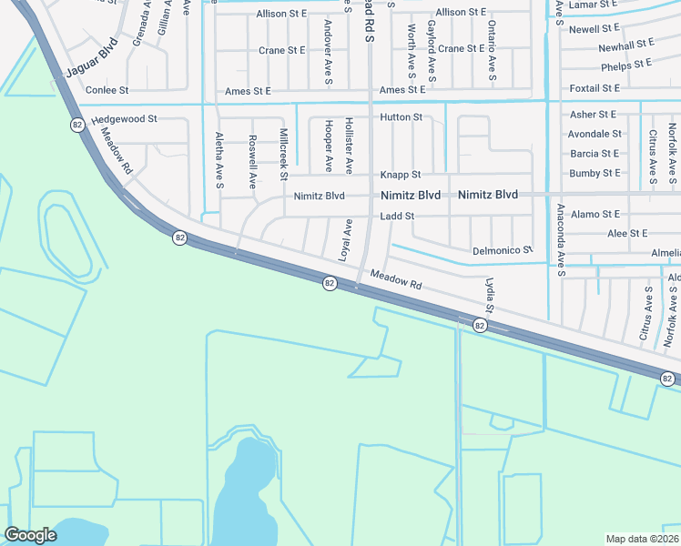 map of restaurants, bars, coffee shops, grocery stores, and more near 2658 Meadow Road in Lehigh Acres
