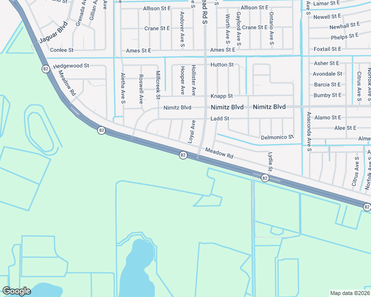 map of restaurants, bars, coffee shops, grocery stores, and more near 2658 Meadow Road in Lehigh Acres