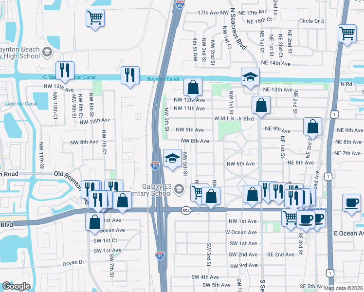 map of restaurants, bars, coffee shops, grocery stores, and more near 635 Northwest 5th Street in Boynton Beach