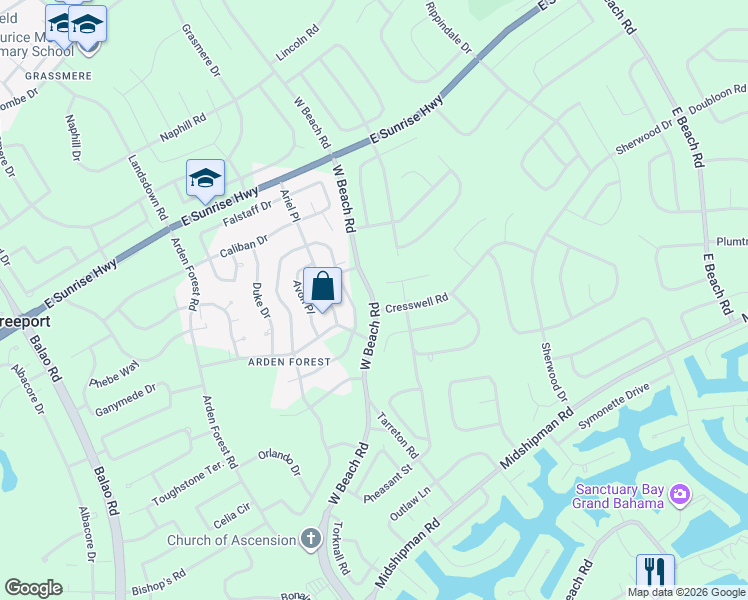 map of restaurants, bars, coffee shops, grocery stores, and more near West Beach Road in Freeport