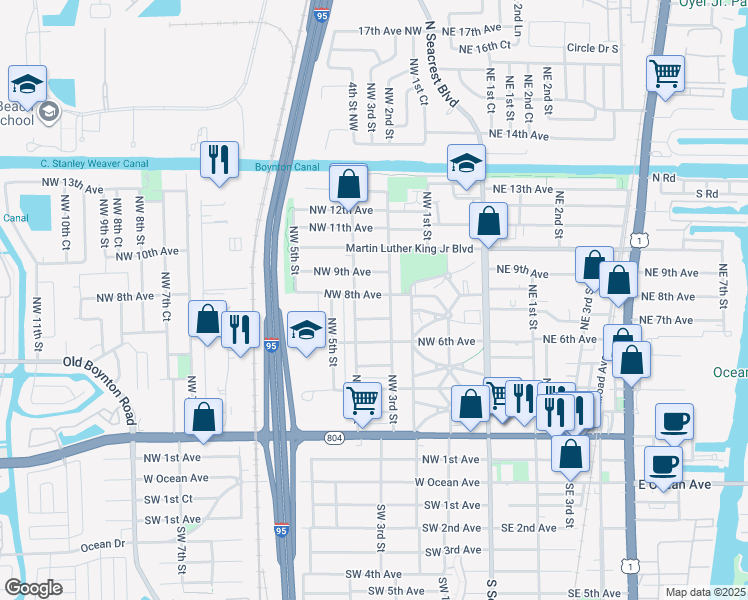 map of restaurants, bars, coffee shops, grocery stores, and more near 807 Northwest 3rd Street in Boynton Beach