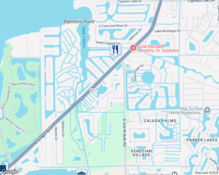 map of restaurants, bars, coffee shops, grocery stores, and more near 14360 Hampton Lake Court in Fort Myers