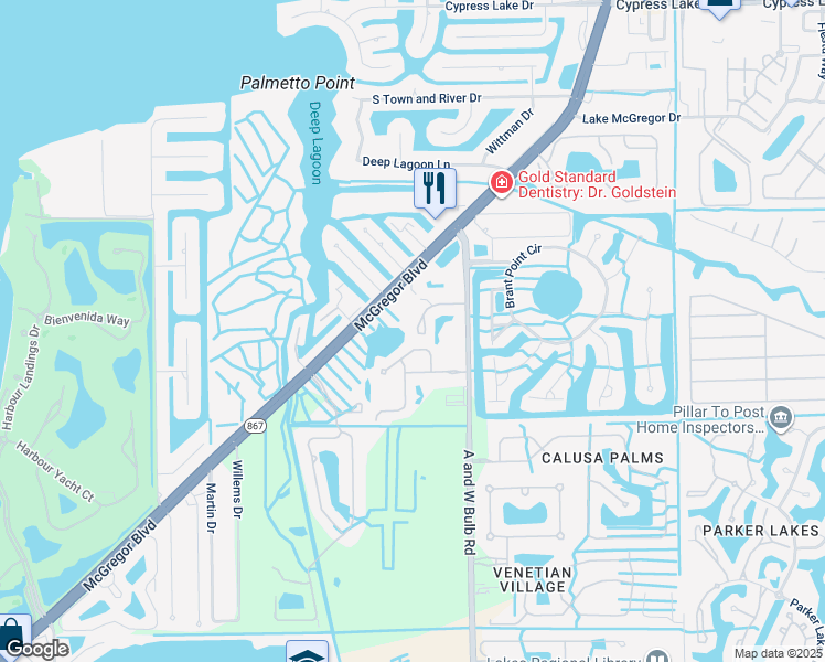 map of restaurants, bars, coffee shops, grocery stores, and more near 14360 Hampton Lake Court in Fort Myers