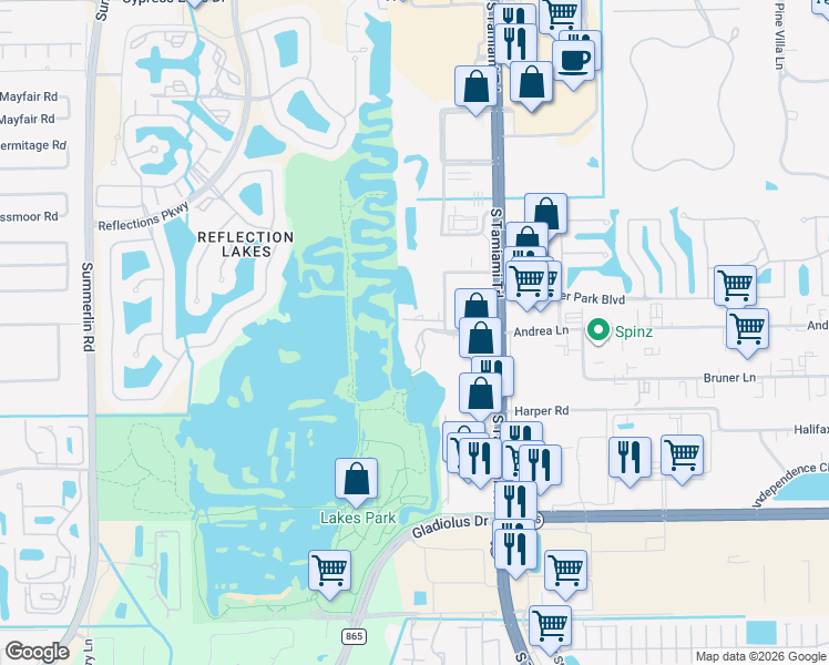 map of restaurants, bars, coffee shops, grocery stores, and more near 7215 Lakeridge Court in Fort Myers
