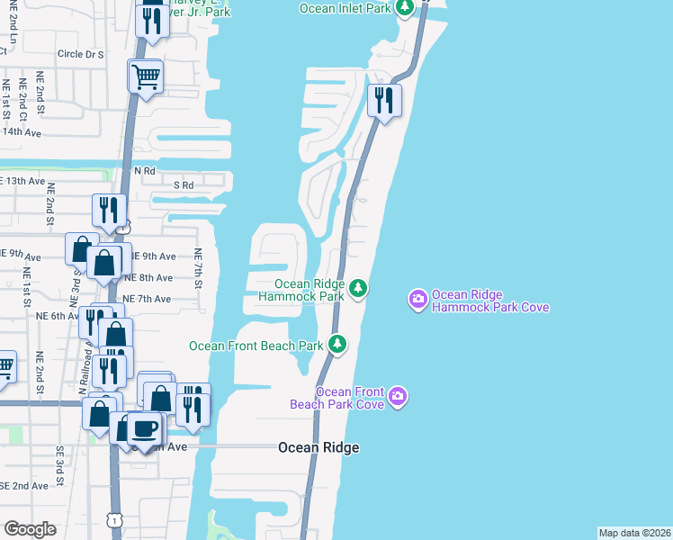 map of restaurants, bars, coffee shops, grocery stores, and more near 6666 North Ocean Boulevard in Ocean Ridge