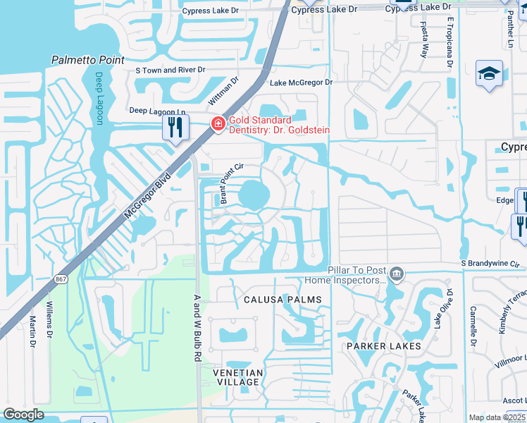 map of restaurants, bars, coffee shops, grocery stores, and more near 14111 Brant Point Circle in Fort Myers