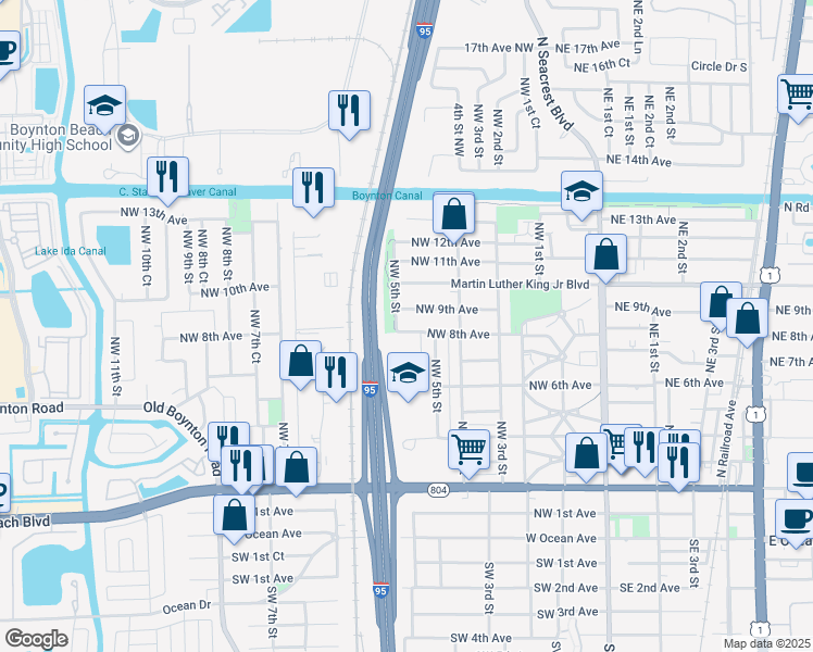 map of restaurants, bars, coffee shops, grocery stores, and more near 542 Northwest 9th Avenue in Boynton Beach